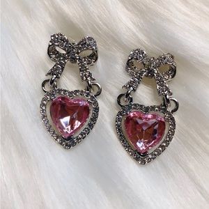 Pink Heart Crystal Bow Drop Earrings Dangle Glass New